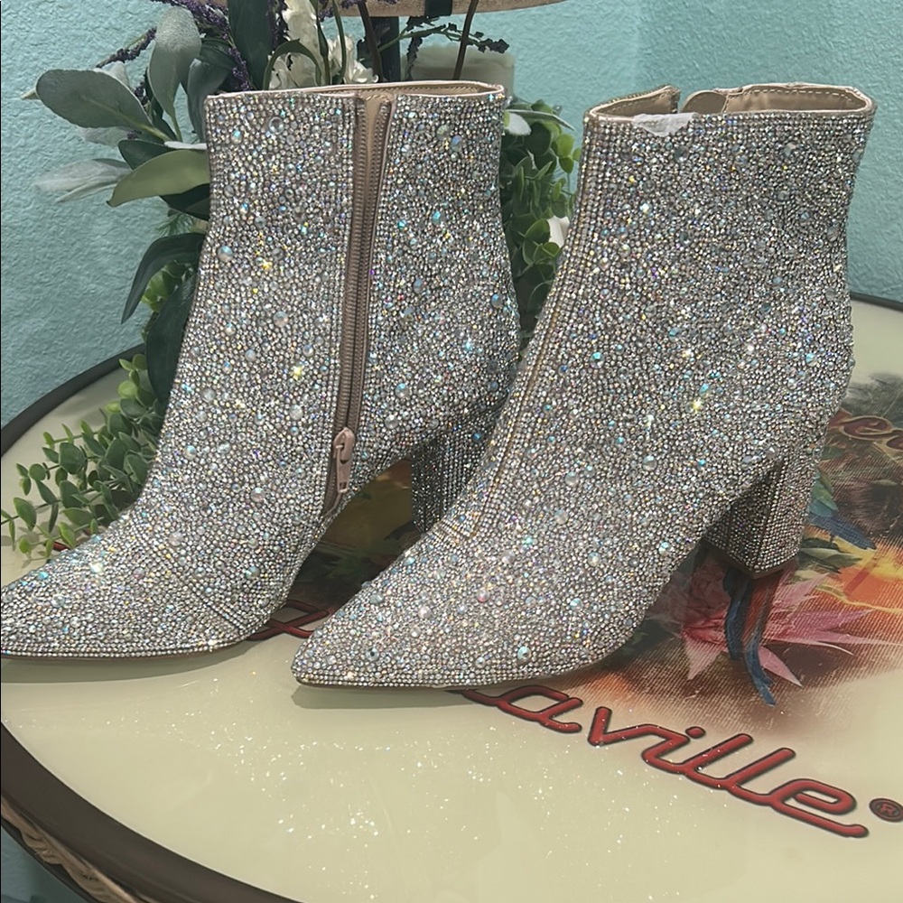 Betsey Johnson Silver Sparkle Ankle Boots with Pointed Toe